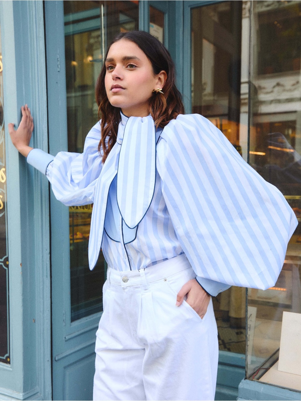 Statement Light Blue and White Striped Puff-Sleeve Blouse